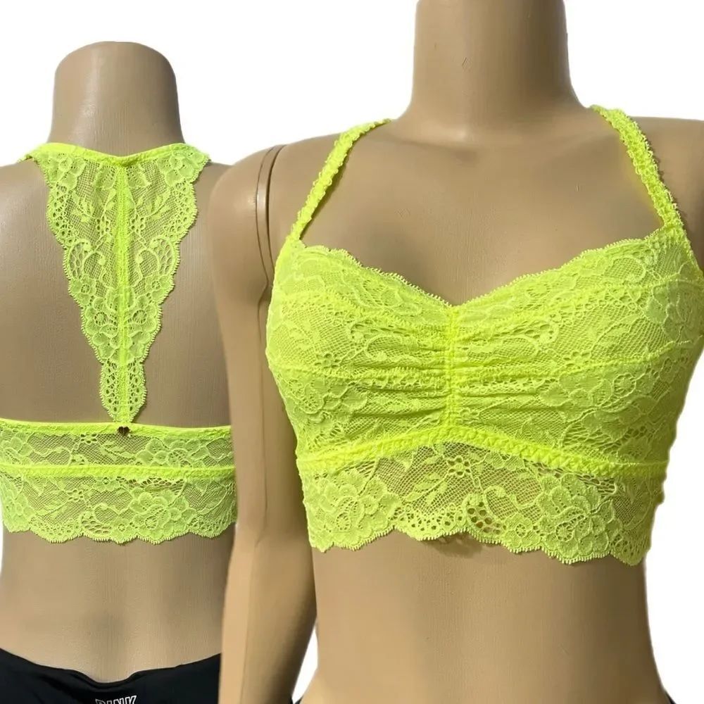 Victoria’s Secret Pink floral lace racerback Unlined bralette bra neon yellow M
